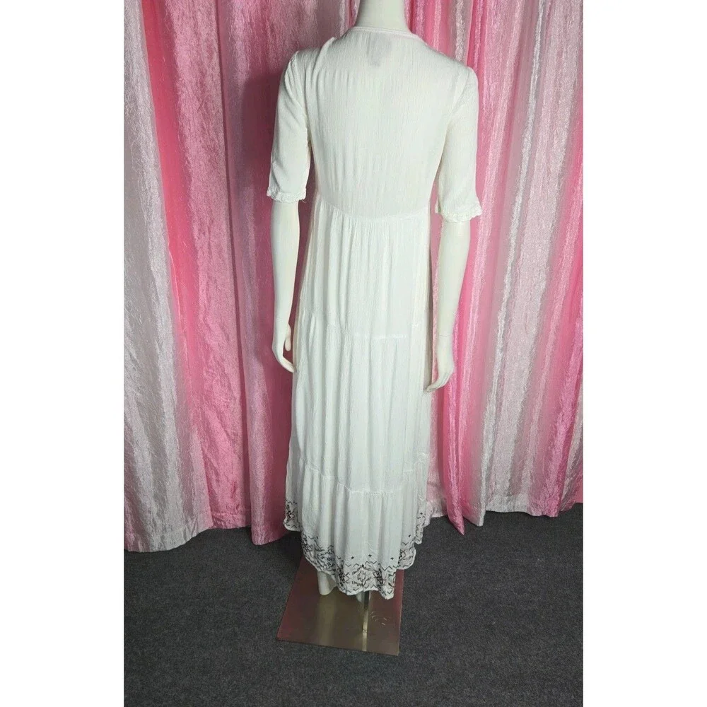 Knox Rose Ivory Boho Embroidered Cotton Lined Tiered Maxi Dress Size XS